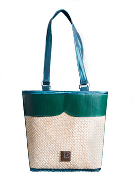 Bucket Green and Blue Bamboo Bag with Fabric Handle