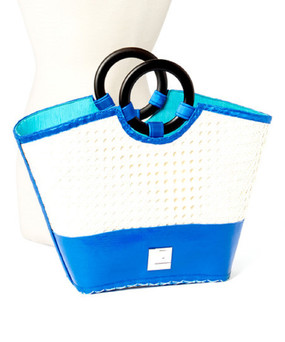 Throw-back to 1970's Bamboo Straw Handbag in Blue