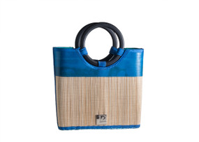 Recycled Beach Stylista Straw Bag using Reclaimed Layflat hoses with Bamboo Handles