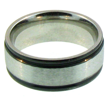 8mm Stainless Steel 
 Black Trim Comfort Fit Band Ring 
Steel band ring can be engraved ! 
 Finish Type: Black Trim 
 Ring Type: Comfort Fit 
 Top Width: 8mm 
Available Sizes: 6 - 16 
