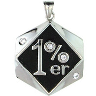 Large Stainless Steel 1%er CZ Pendant. 
 Large stainless steel 1%er pendant with CZ accents. 
Pendant Approx. Weight: 26.8 grams 
 Approx. dimensions:1.53 Inches x 2.20 Inches 

All Pendants come with a Free Stainless Steel Rope Chain 
