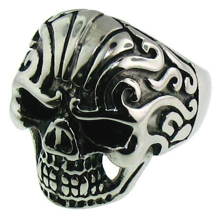 Stainless steel skull ring with intricate detailing with Tribal Design. 
Available Sizes:16- 20 
 Approx. 33mm wide 
