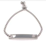 Adjustable Stainless Steel Bar Bracelet with Heart Cutout with Silicon Bead Cinch. Adjustable up to 8".