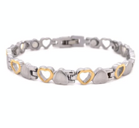 Description:  Stainless steel magnetic bracelet with gold plated hearts

Approx. Weight: 16 grams

Available Sizes: 6.75", 7.75"