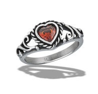 Stainless Steel Braided Heart Ring With Swirls And Red CZ
