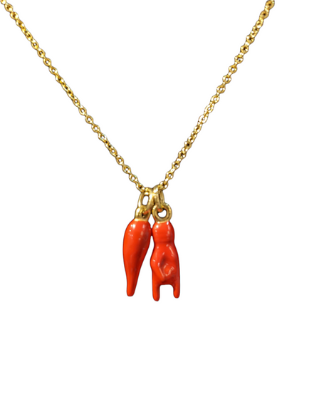 Stainless Steel Gold plated with Red Enameled Italian Horn Necklace with Hand