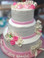 Approximate Servings 80. Sizes: 7", 10" & 14". Sugar flowers, sugar baby showed and sugar bow adorn this pearled three tiered cake.
