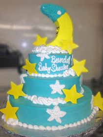 Approximate Servings 80. Sizes: 7", 10" & 14". Sugar stars and NON-EDIBLE moon themed three tiered cake. 