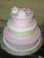 Approximate Servings 80. Sizes: 7", 10" & 14". Three tiered rattle topped cake with silver NON EDIBLE pearls all around.
