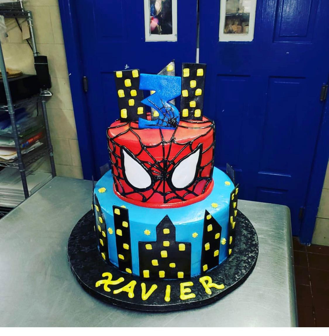 2 tiered Spiderman cake - Triple layers of chocolate sponge with chocolate  buttercream and strawb… | Spiderman cake, Superhero birthday cake, Novelty birthday  cakes