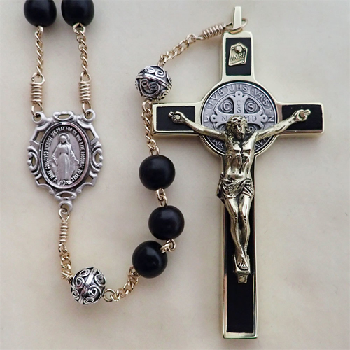 Ebony rosary, two-tone rosary, st. benedict rosary, wood inlaid crucifix