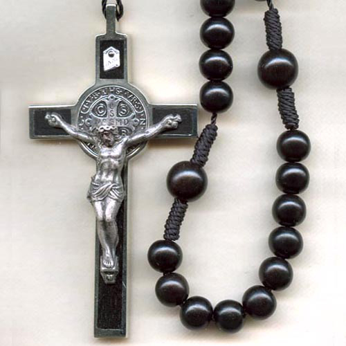 ebony cord rosary, st. benedict wood inlaid crucifix