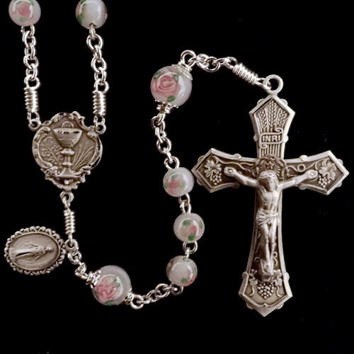 first communion rosary, white