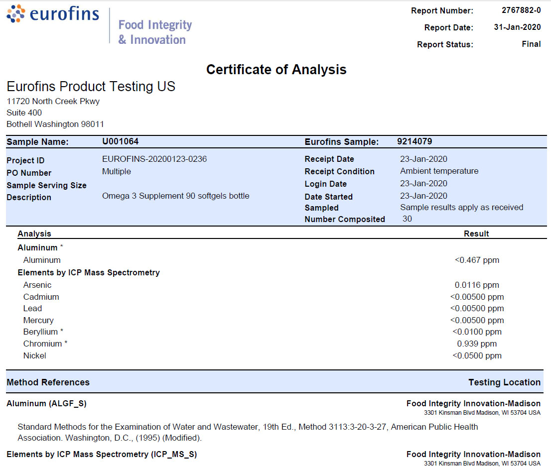 Omega3 Supreme Heavy Metal Test Restuls 2020 from Eurofins Life & Food