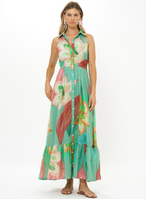 Oliphant Sleeveless Shirt Dress Maxi Hibiscus Green