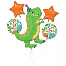 Decorate for one T-errific dinosaur birthday party with a balloon bouquet. This balloon bouquet includes a giant green T. Rex balloon wearing an orange party hat, two round balloons with the headline "Happy Dino-Birthday!" and two orange star-shaped balloons. Use this bouquet to complete decorations for your child's dinosaur-themed birthday party. 