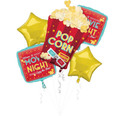 This five-pack of balloons includes a large popcorn bucket focus balloon, two square "Movie Night" flair balloons with a marquee design, and two solid yellow star fill balloons to tie it all together. Mix and match this balloon bouquet with other colorful decorations to set the scene for the night. 