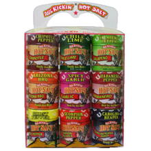 This gift pack includes nine 1.1oz. different salts to  flavor your meals. They range from mild, Chili Lime, BBQ, to hot, Ghost, Carolina Reaper