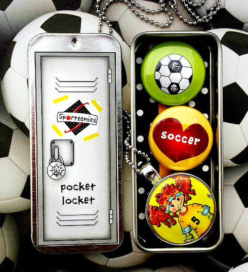 Our Sporteenie Pocket-Locket holds your most favorite secret treasures. Made of light metal, its dimensions are 3" x 1" x 1/2"...  the perfect size  to carry in your pocket. The cool top slides open to reveal a set of 3 custom magnets of your favorite Sporteenie. The locket is made of  high quality nickel-free silver tone that becomes an interchangeable magnetic pendant with 7mm bail. It's up to you to choose which button magnet you want to wear! Sporteenie Pocket-Lockets are fun, versatile, and a practical jewelry accessory.