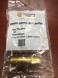 Western 63 Brass Oxygen Regulator Nipple, 1/4 Inch Male NPT, 2-1/16 Inch L