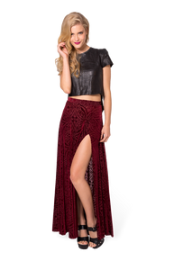 Burned Velvet Wine Split Skirt