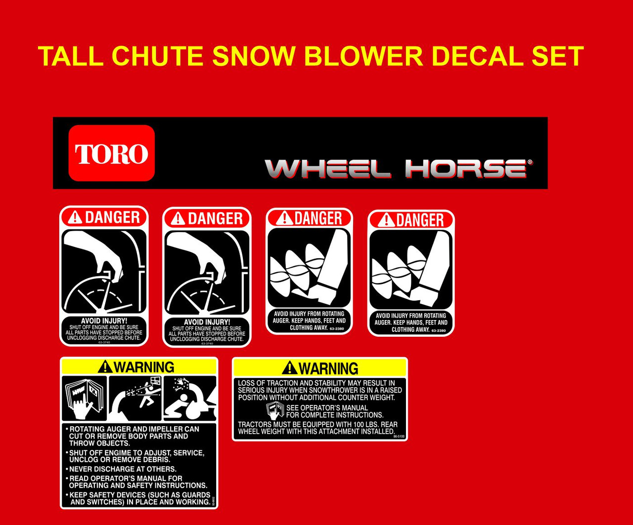 TALL CHUTE SINGLE STAGE SNOW BLOWER SAFETY DECAL SET 6 PC - Redo