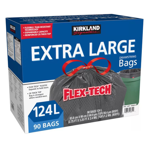 Kirkland Signature Flex-Tech Extra Large Drawstring Trash Bags, Black, 124L, 90 Bags | Fairdinks