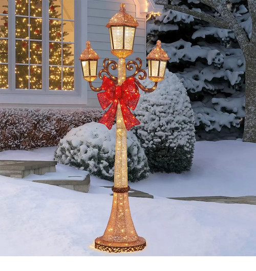 Lamp Post With Red Bow & 220 LED Lights 7'/2.1M | Fairdinks