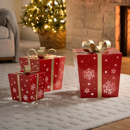 Metal Gift Boxes W/ LED Lights Set of 3 - Red | Fairdinks
