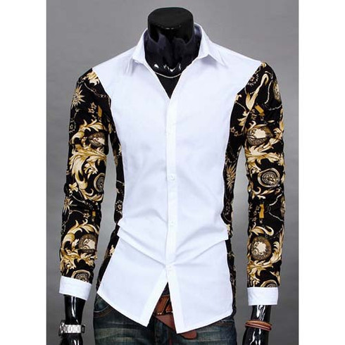 White long sleeve floral pattern print cotton dress shirt ...