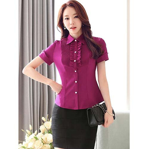 Purple flouncing design work style short sleeve OL shirt | Womens ...