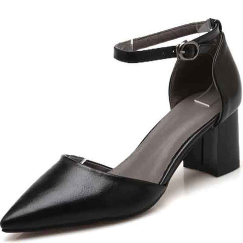 Black ankle strap leather chunky heel shoe sandal | Womens heel sandals ...