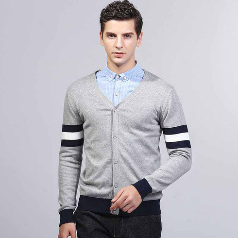 Grey V neck triple stripe button long sleeve cotton sweater | Mens ...