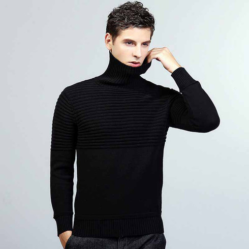 Black stripe plain high neck long sleeve cotton sweater | Mens sweaters ...