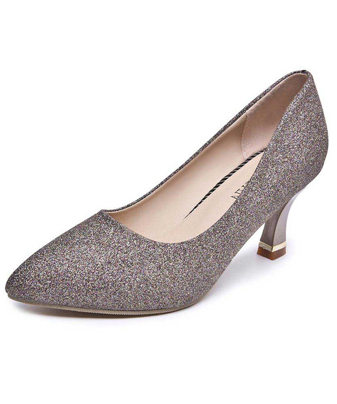 Brown sequin pattern slip on mid heel dress shoe
