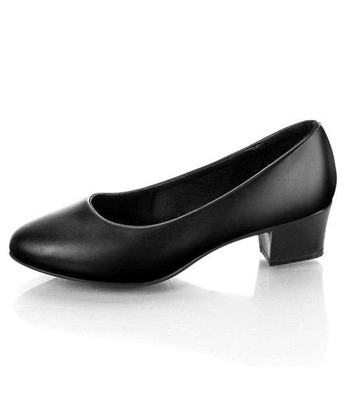 Black slip on low thick heel dress shoe in plain