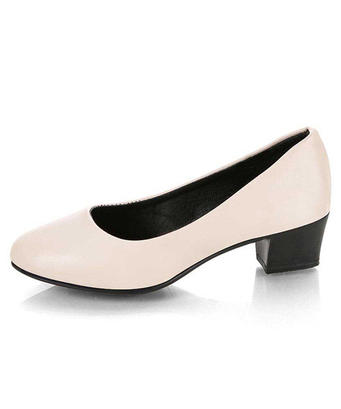 Beige slip on low thick heel dress shoe in plain