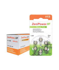 Box of ZeniPower Hearing Aid Batteries A13 (size 13) MF (60 cells)