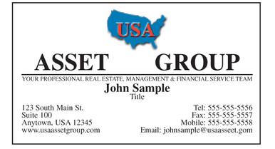 USA Asset Group logo printed on 12 point Kromekote glossy business card stock.