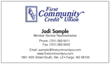 First Community Credit Union logo printed on 12 point Kromekote glossy business card stock.