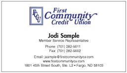 First Community Credit Union logo printed on 12 point Kromekote glossy business card stock.