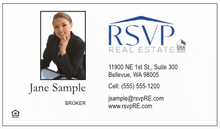 RSVP logo and your photo printed on 12 point Kromekote glossy business card stock.