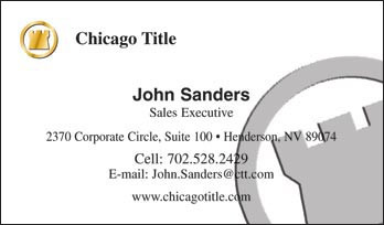 Chicago Title logo printed on 14 point or upgrade option to 16 point card stock. Printed on a background color of your choice or with any image of your choosing, with a personal photo or without, with UV gloss coating on the front. Optional full color printing on the back of the card too.
