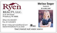Ryen Realty logo and your photo printed on 12 point Kromekote glossy business card stock.