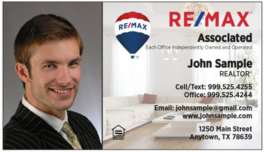 RE/MAX logos printed on 14 point or upgrade option to 16 point card stock. Elegant home interior background with UV gloss coating on the front. Optional full color back printing.
