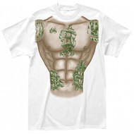 Muscle Man Tattoo with Real Nipple Ring White T-shirt