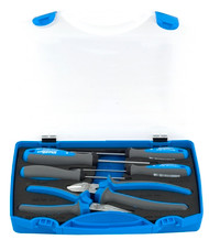 Set of pliers and screwdrivers in plastic box