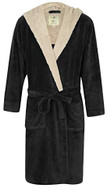 Men's Warm Hooded Fleece Dressing Gown, Black with Light Grey