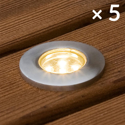 Solar Deck Lights or Step Lights Kit of 5 Small Stainless Steel IP67 Warm White