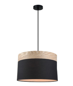Black and Timber Pendant Light Sleek Drum Shaped E27 250mm 72W